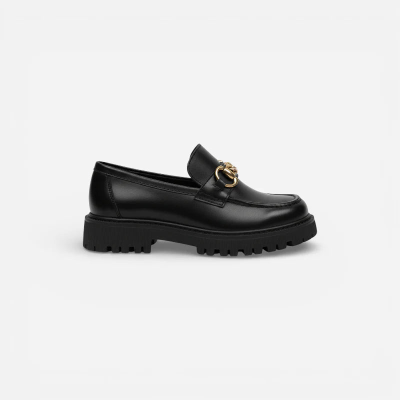 Mocassin Plateforme Femme Noir Chainnette Dorée