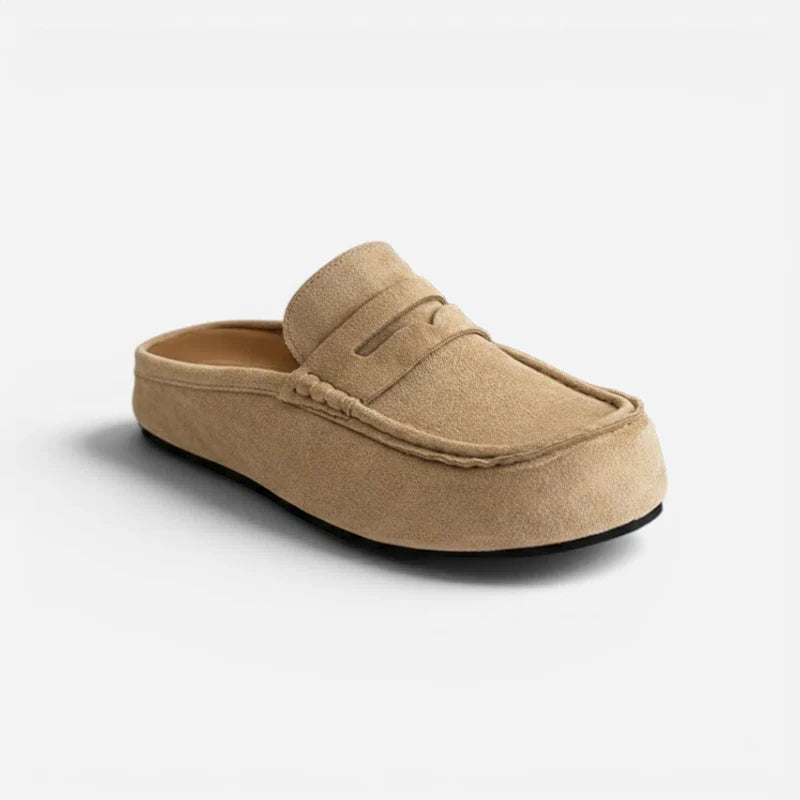 Chausson Mocassin Mule Ouvert En Daim Beige