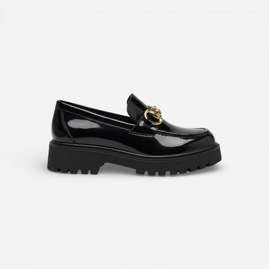 Mocassin En Cuir Noir Plateforme Vernis Brillant Chainette Femme