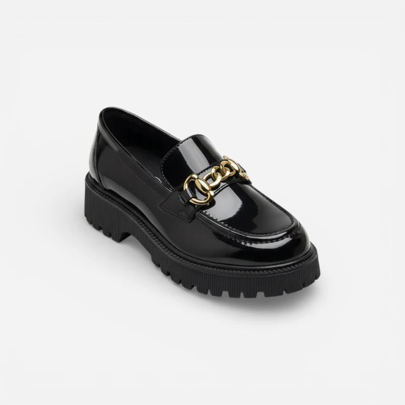 Mocassin En Cuir Noir Plateforme Vernis Brillant Chainette Femme
