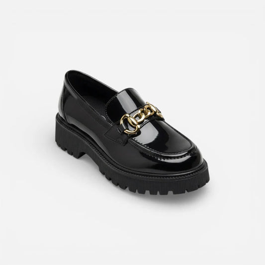 Mocassin En Cuir Noir Plateforme Vernis Brillant Chainette Femme