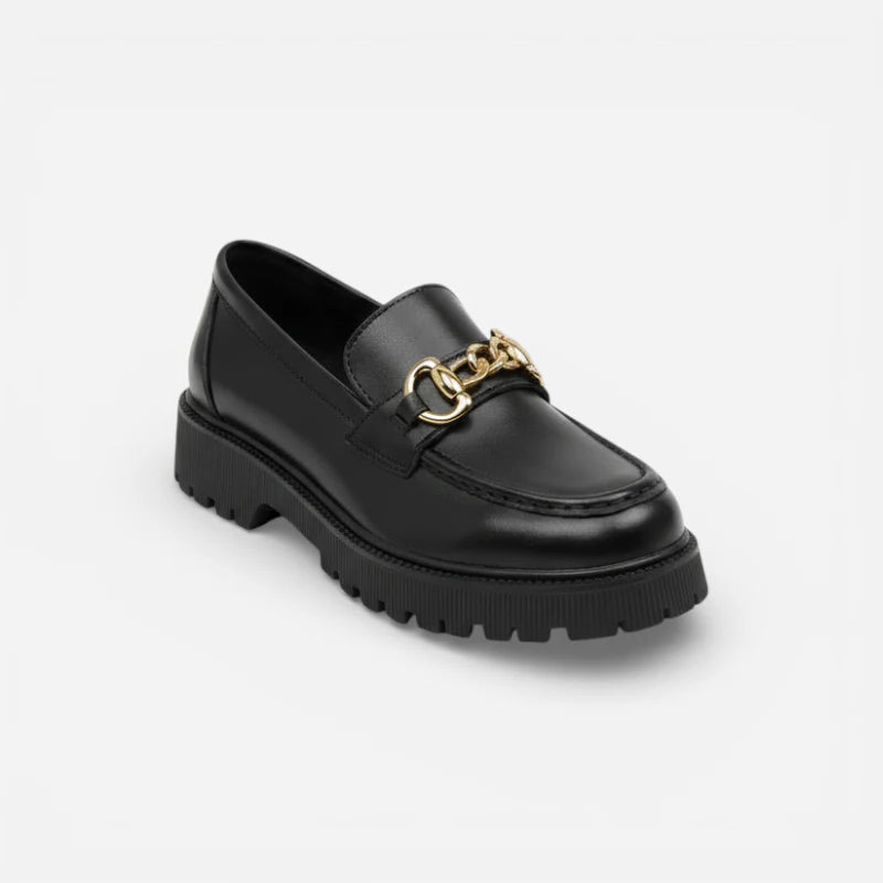 Mocassin Plateforme Femme Noir Chainnette Dorée