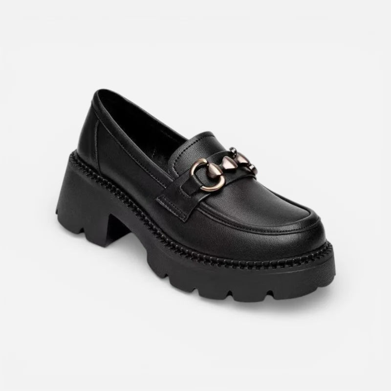 Mocassin Cuir Mat Noir Plateforme Chainette Argentée Femme