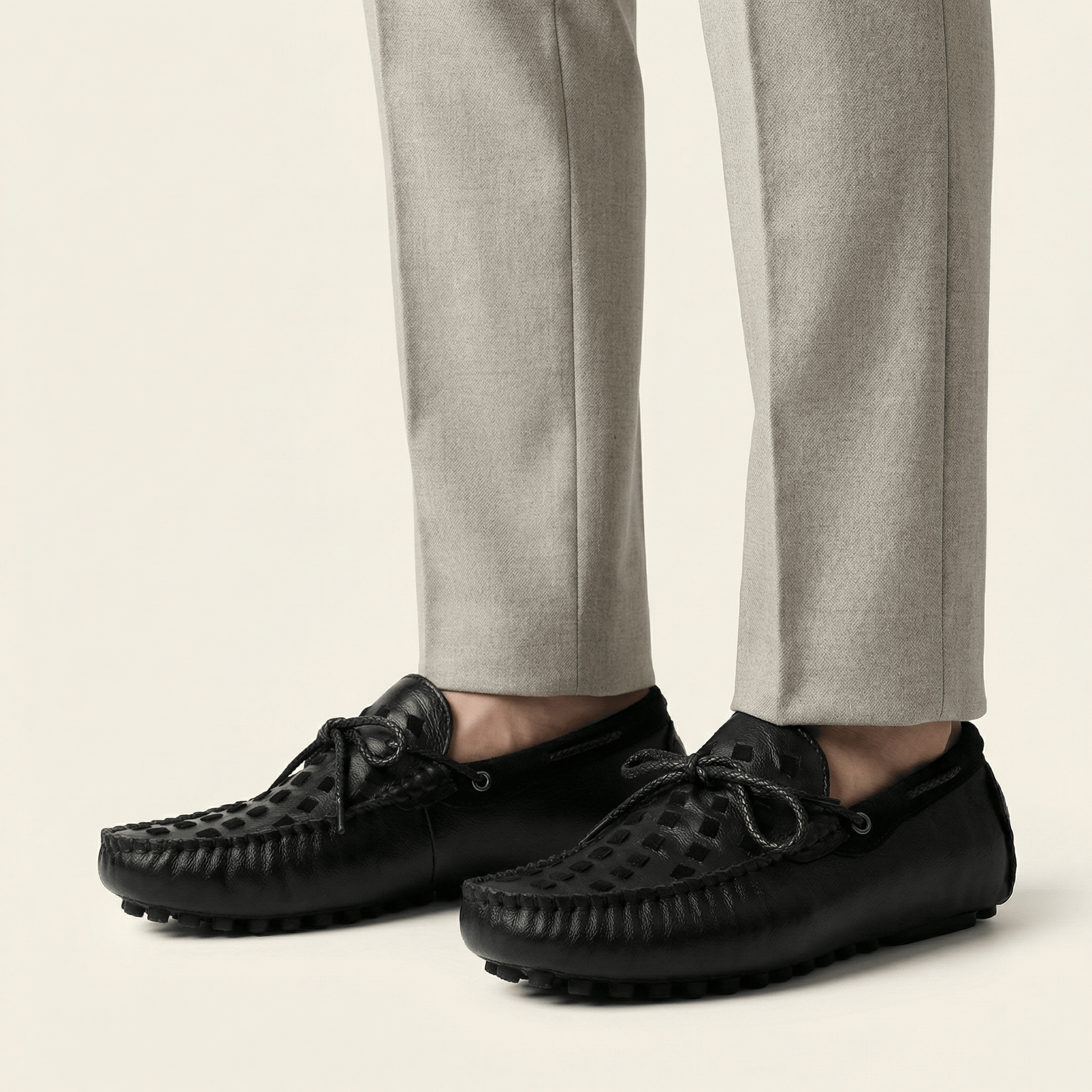 Mocassin à Picots Tressé en Cuir avec Lacets Décoratifs