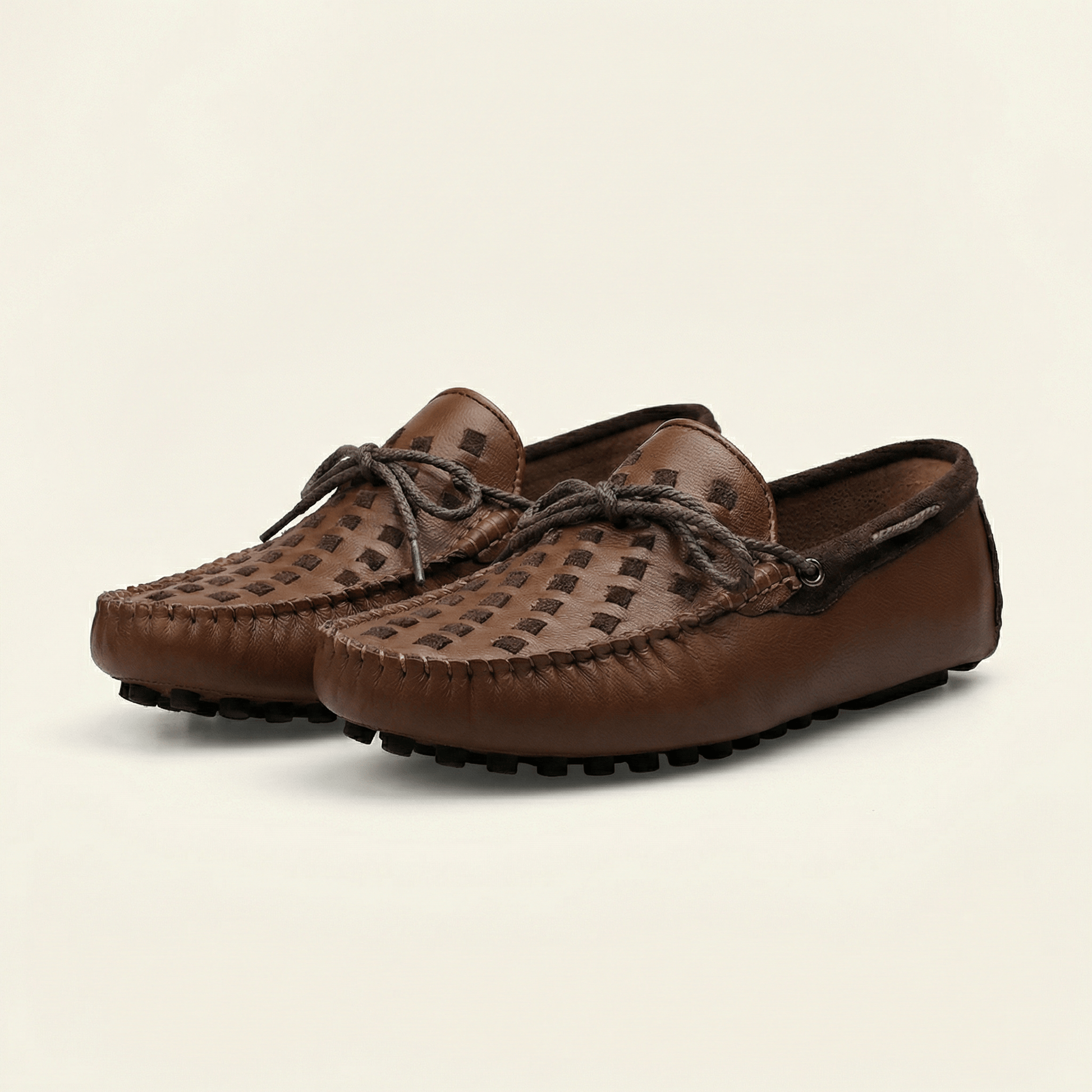 Mocassin à Picots Tressé en Cuir avec Lacets Décoratifs