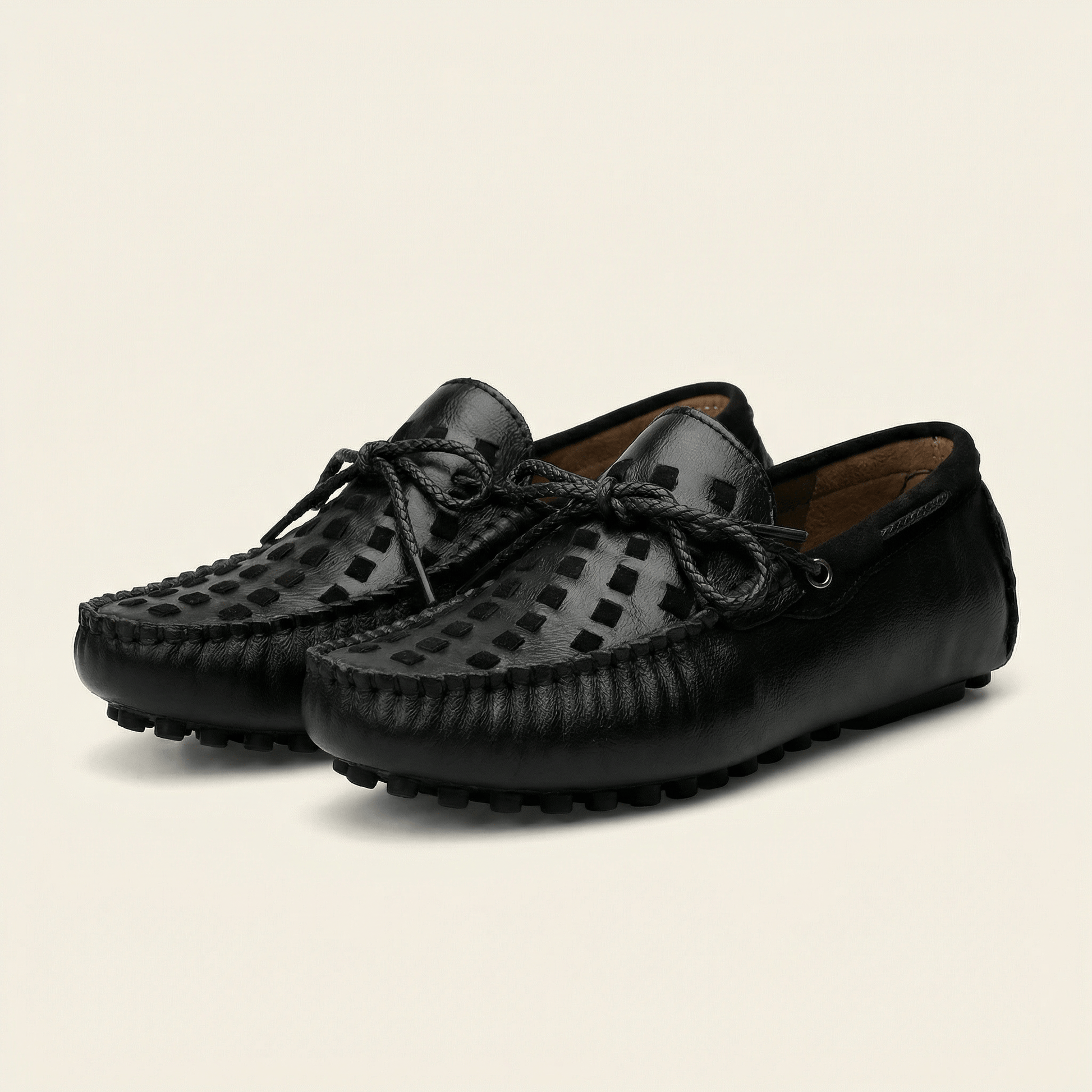 Mocassin à Picots Tressé en Cuir avec Lacets Décoratifs