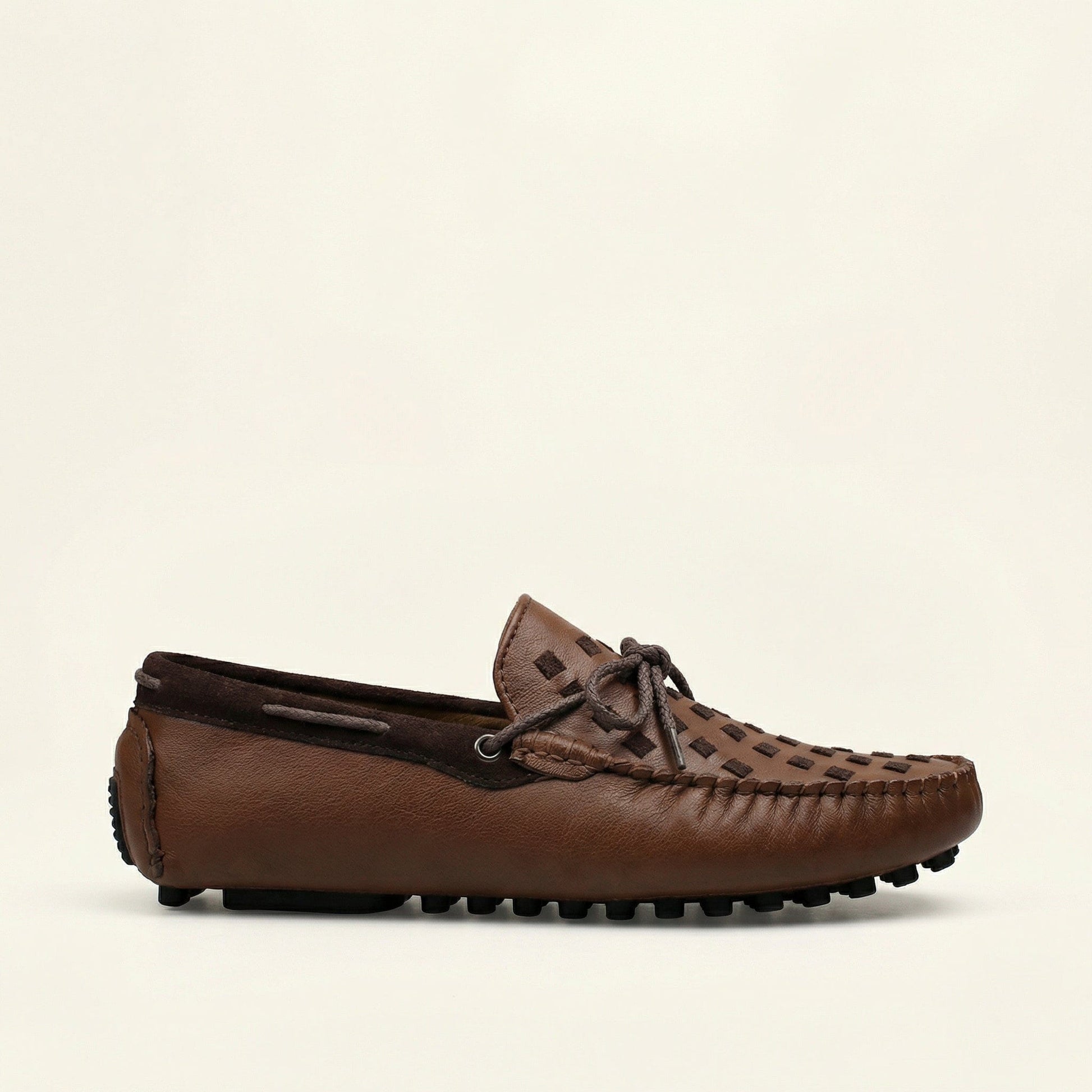 Mocassin à Picots Tressé en Cuir avec Lacets Décoratifs
