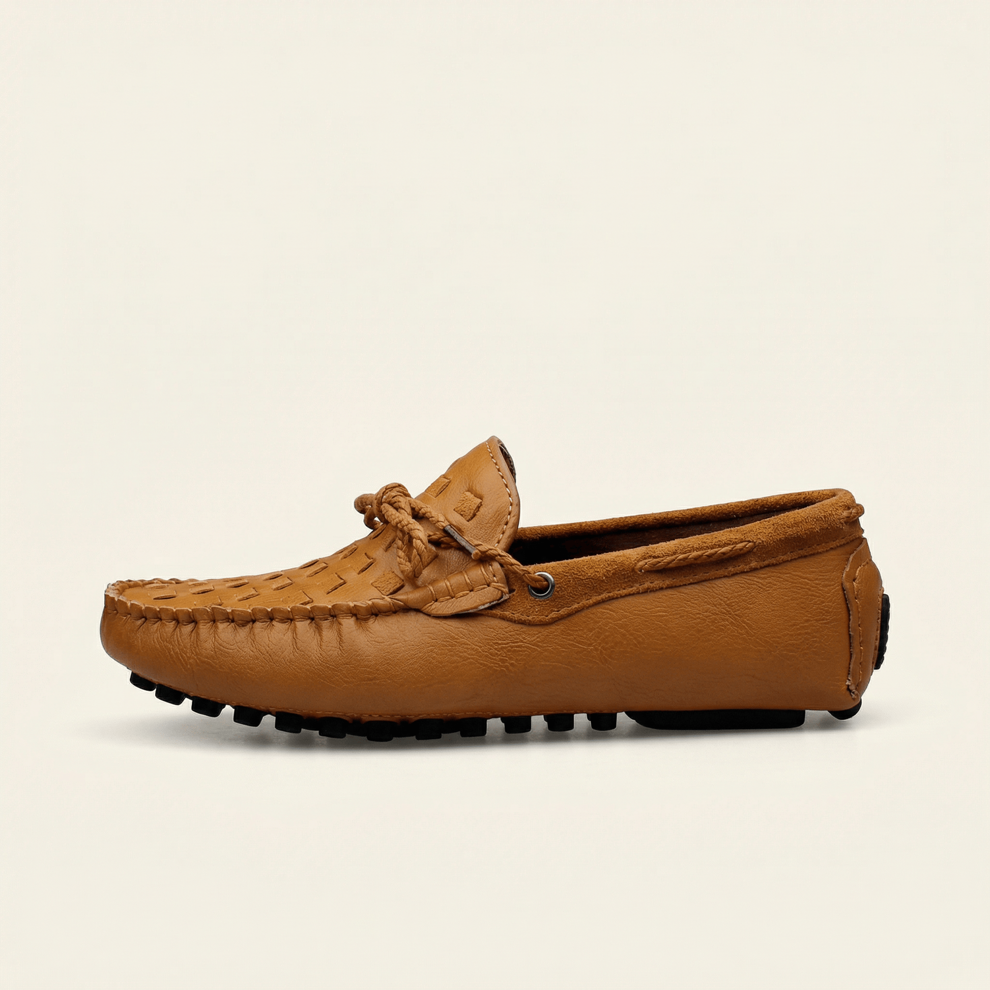 Mocassin à Picots Tressé en Cuir avec Lacets Décoratifs