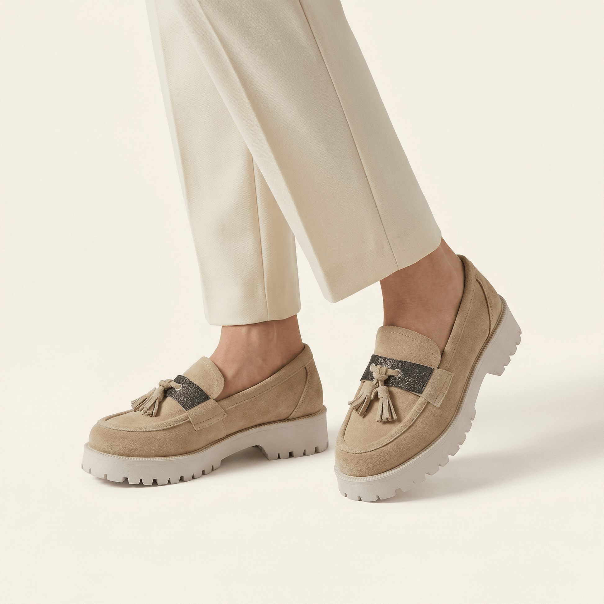 Mocassin Femme Plateforme à Pampilles en Velours