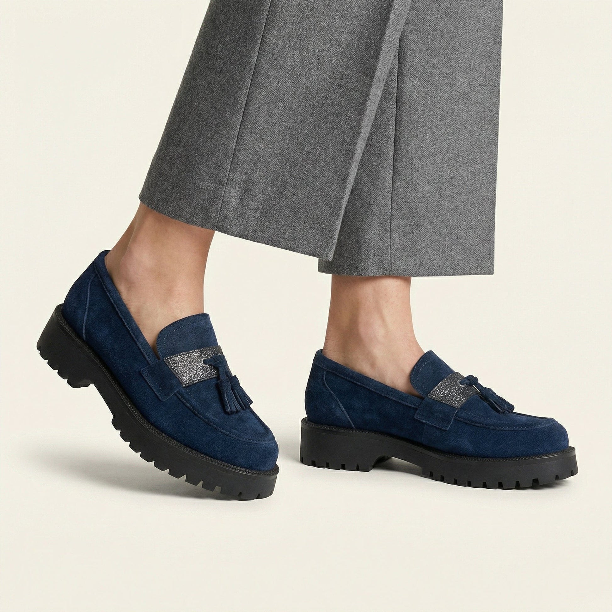 Mocassin Femme Plateforme à Pampilles en Velours