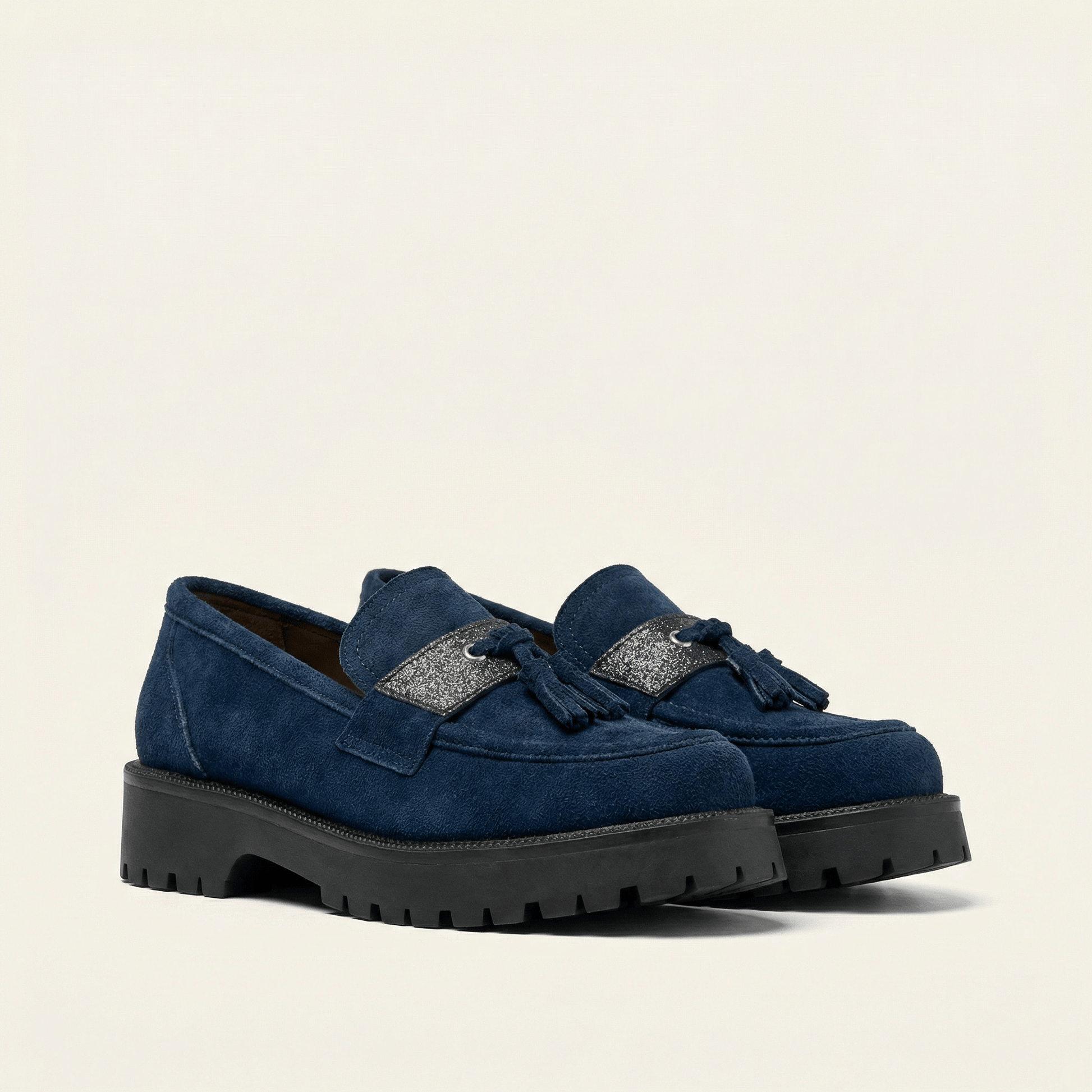 Mocassin Femme Plateforme à Pampilles en Velours
