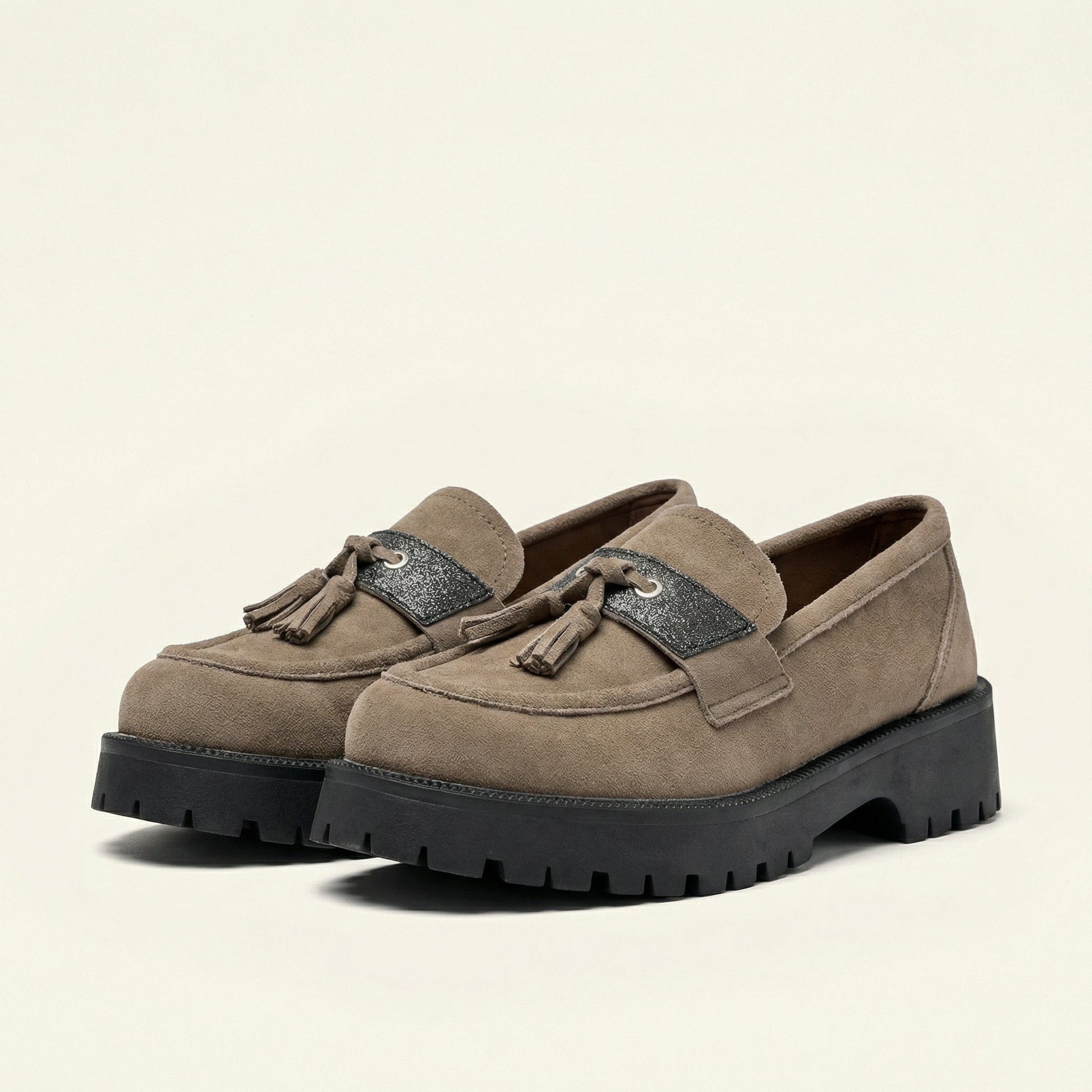 Mocassin Femme Plateforme à Pampilles en Velours