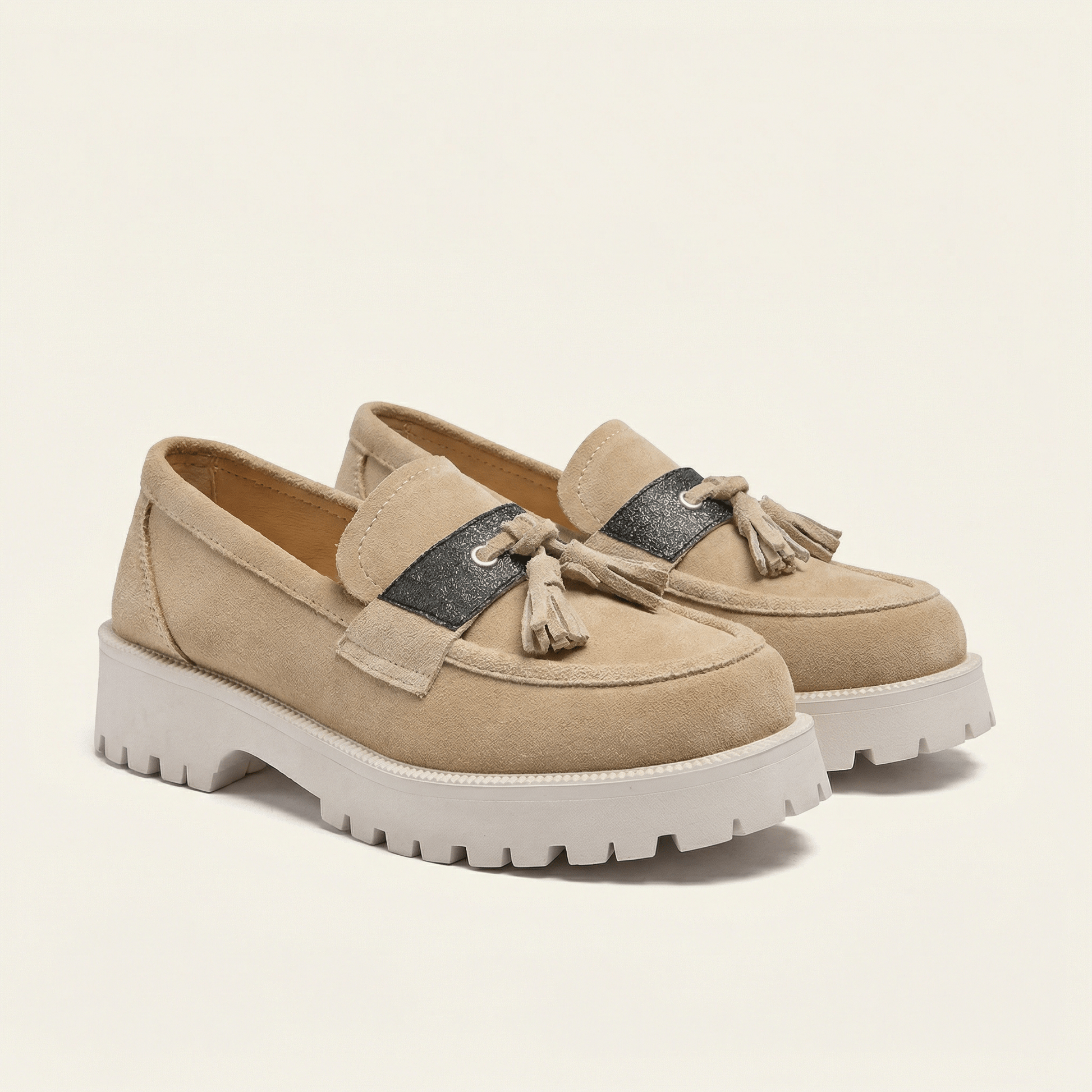 Mocassin Femme Plateforme à Pampilles en Velours