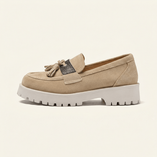 Mocassin Femme Plateforme à Pampilles en Velours