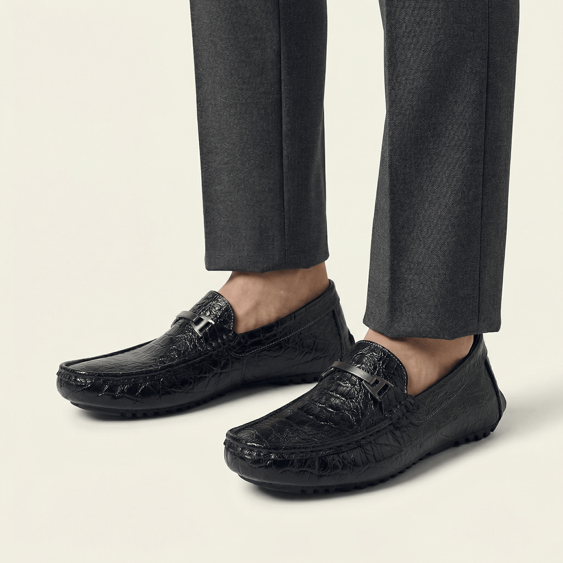 Mocassin Homme en Cuir Embossé Froissé à Boucle Métal