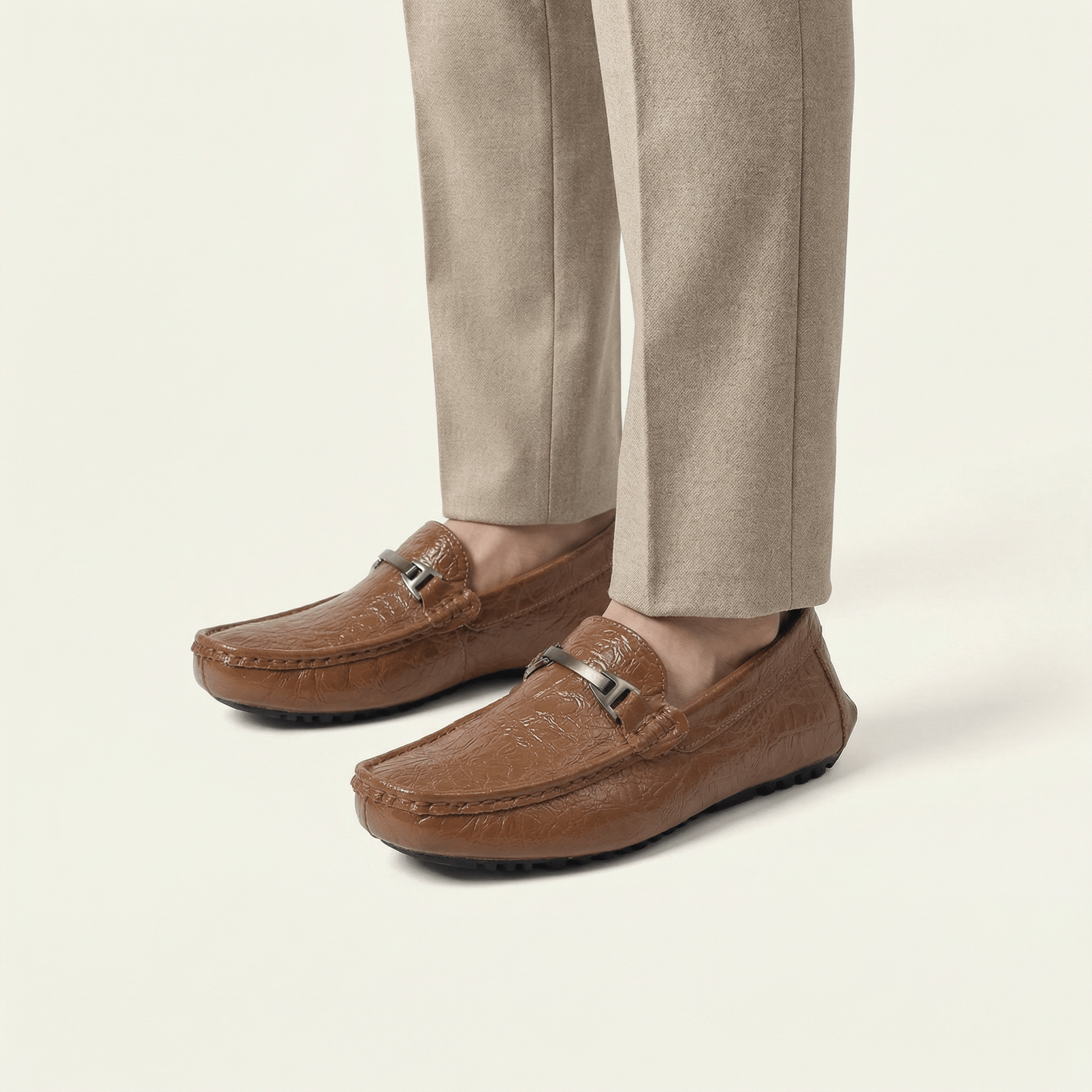 Mocassin Homme en Cuir Embossé Froissé à Boucle Métal