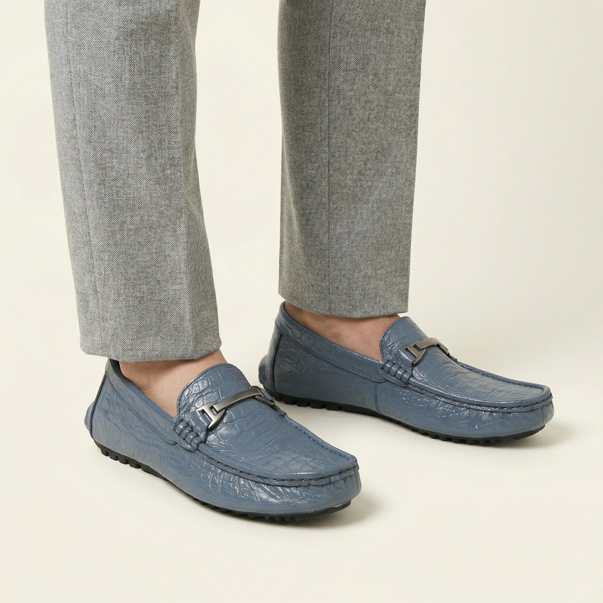 Mocassin Homme en Cuir Embossé Froissé à Boucle Métal