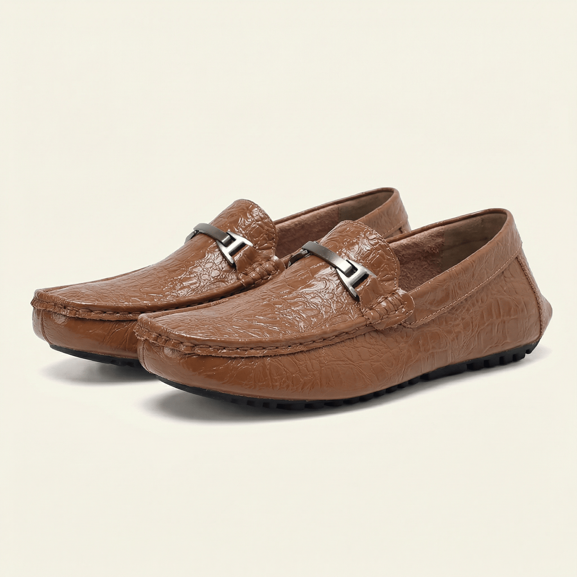 Mocassin Homme en Cuir Embossé Froissé à Boucle Métal