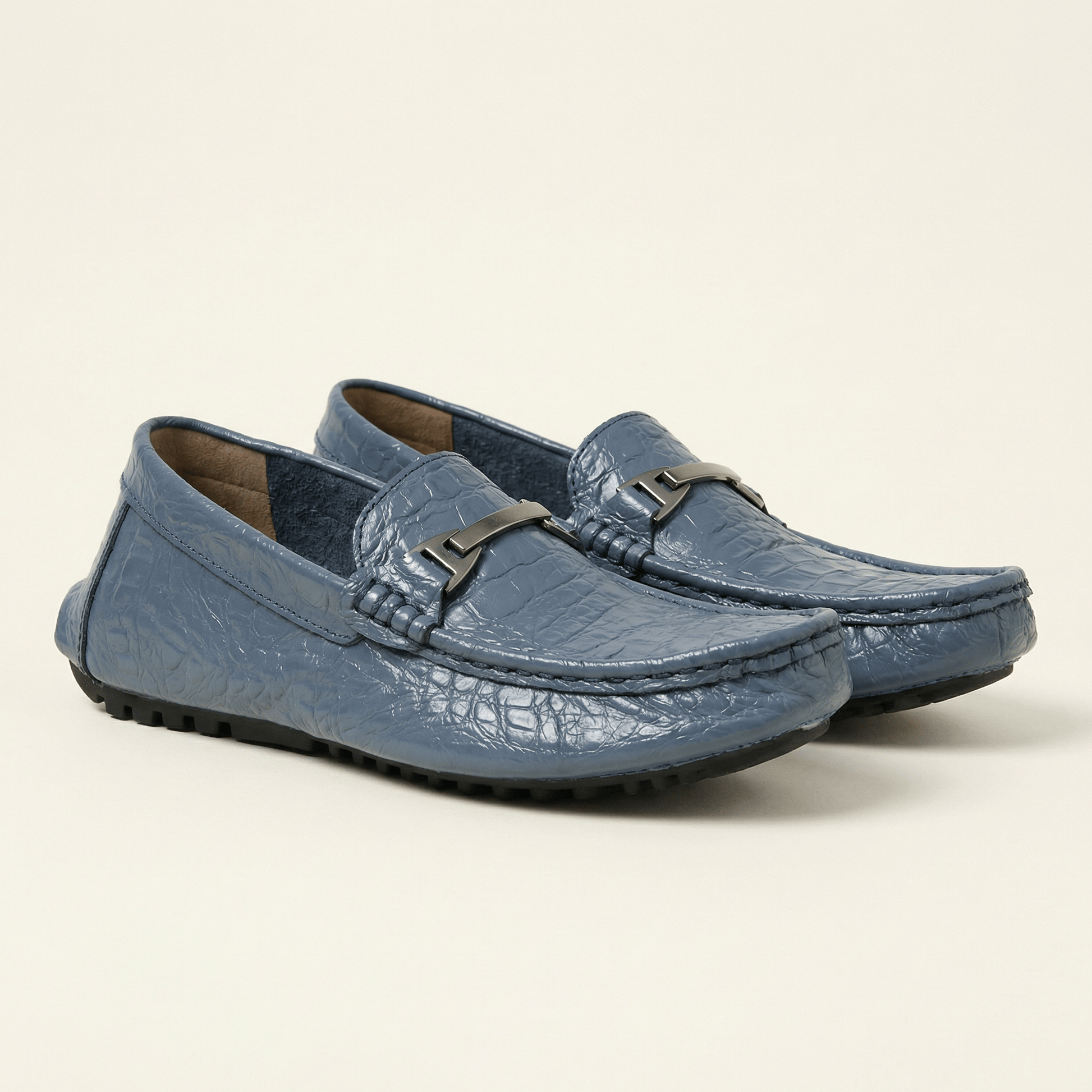 Mocassin Homme en Cuir Embossé Froissé à Boucle Métal
