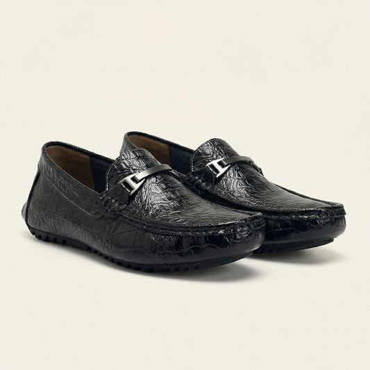 Mocassin Homme en Cuir Embossé Froissé à Boucle Métal
