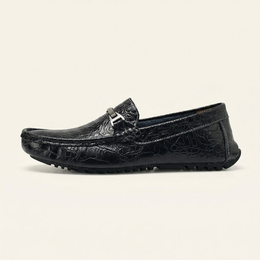 Mocassin Homme en Cuir Embossé Froissé à Boucle Métal
