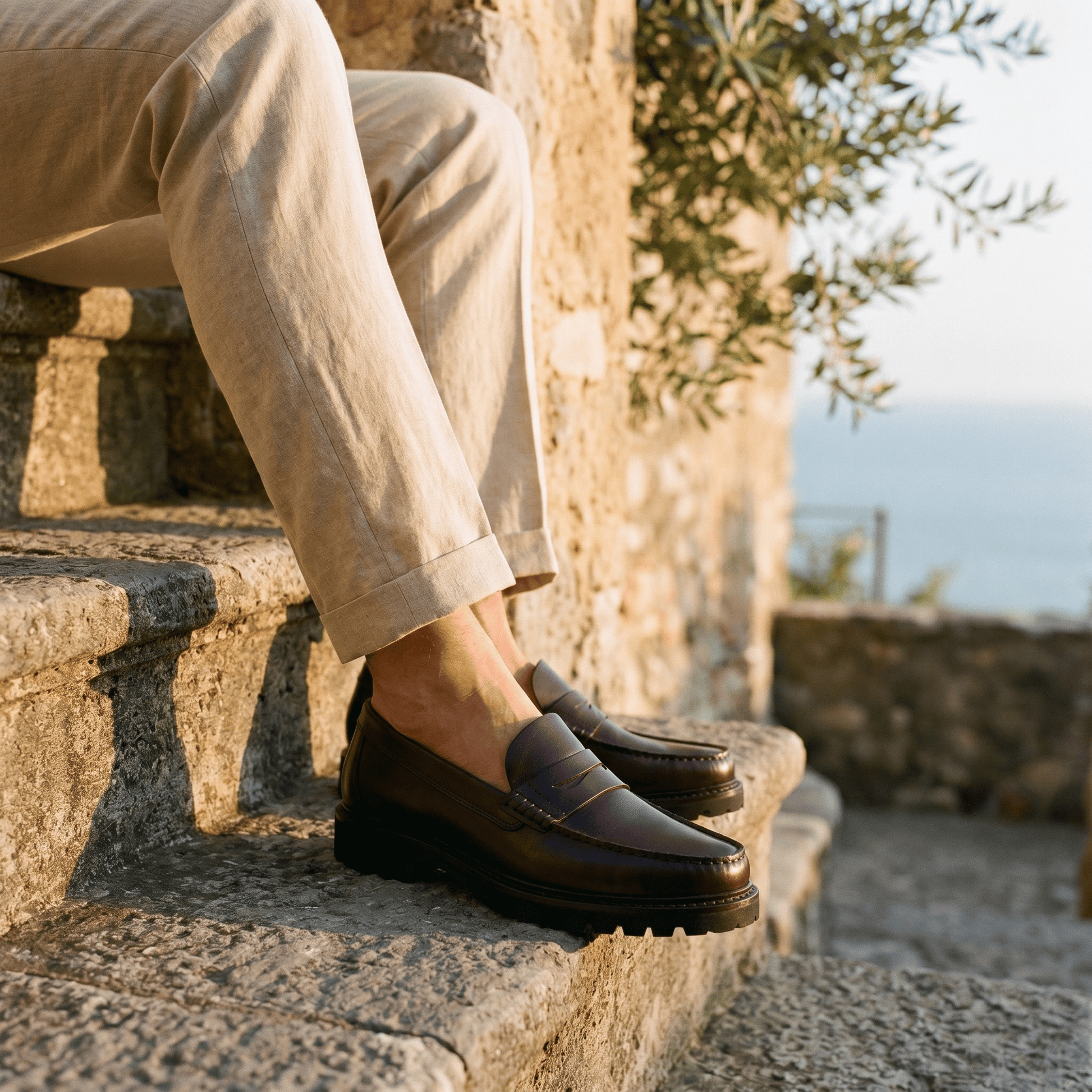 Mocassin Homme Penny Loafer à Semelle Crantée en Cuir