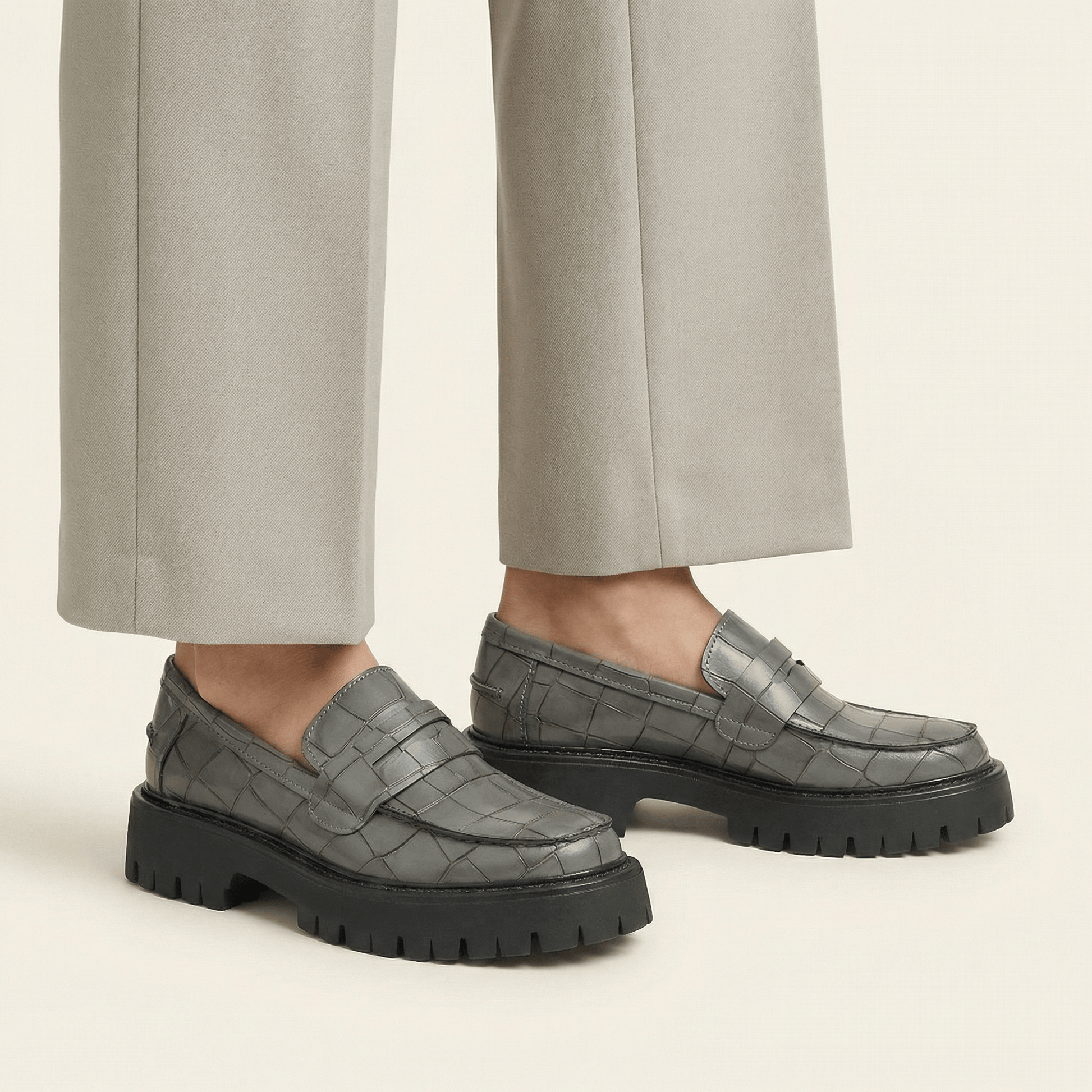 Mocassin Femme Plateforme en Cuir Embossé Croco
