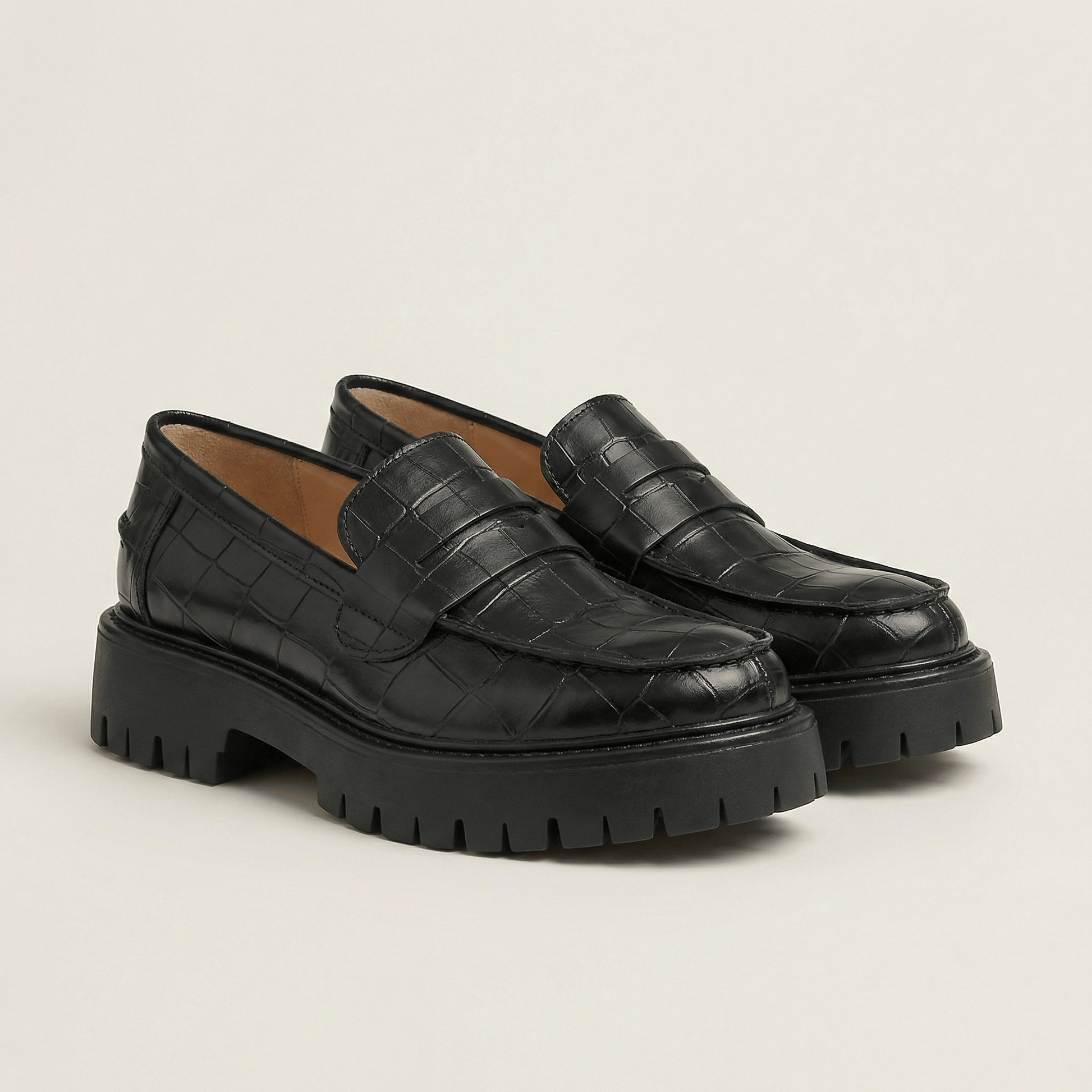 Mocassin Femme Plateforme en Cuir Embossé Croco