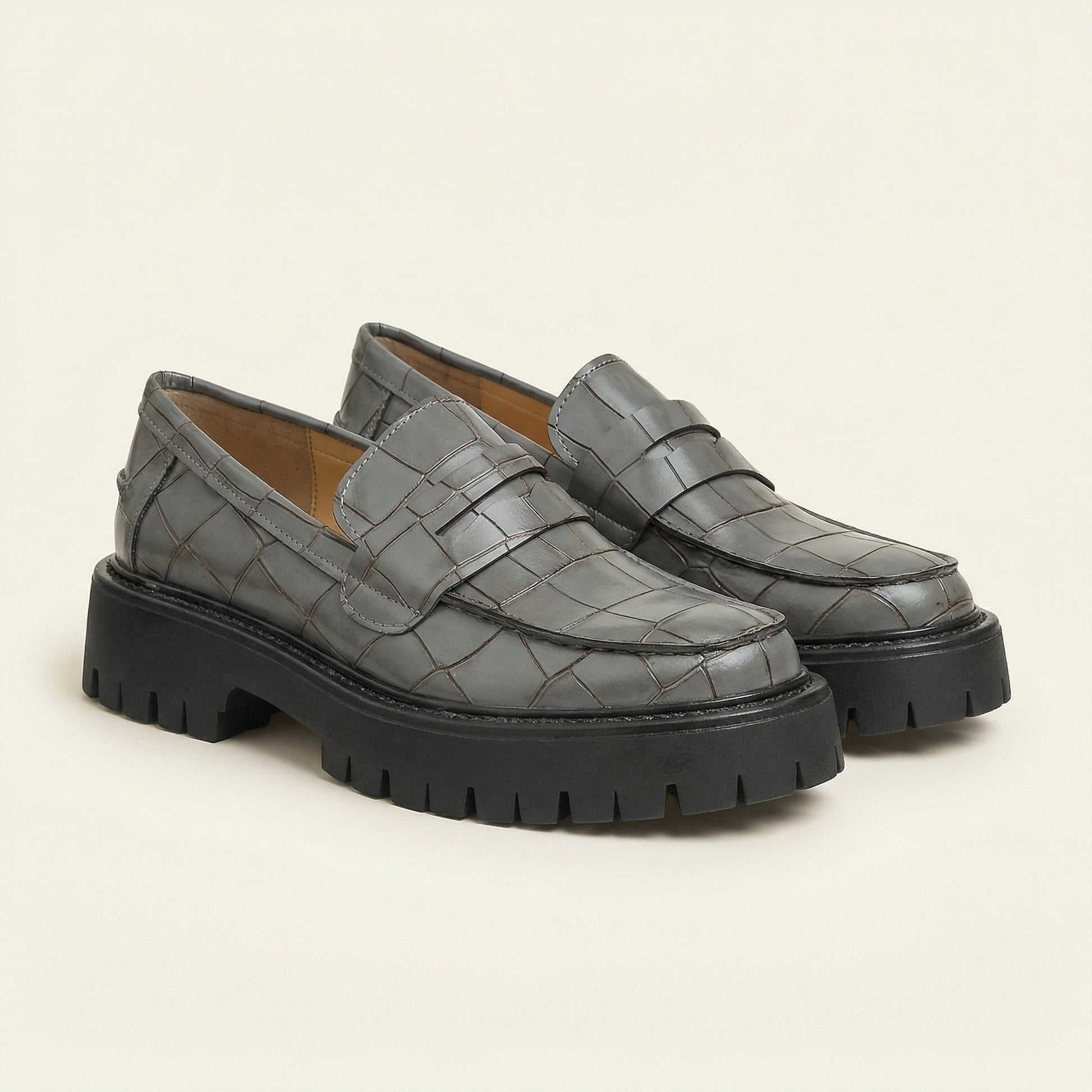 Mocassin Femme Plateforme en Cuir Embossé Croco