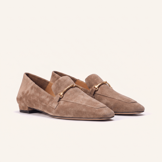 Mocassins Femme en Daim Détail Doré Bout Carré avec Petit Talon